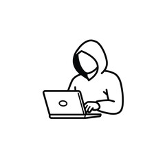 Anonymous hacker using laptop, cybersecurity concept represented in a simple drawing