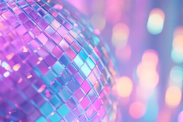 Fototapeta na wymiar Vibrant disco ball reflecting light with shiny squares. Retro party background for night club event flyer or dance music advertisement.