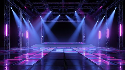 Empty stage with vibrant lighting and reflective floor, set for a performance or event.