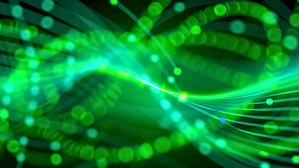 Abstract green background with glowing lines, a futuristic wave pattern, and digital light elements