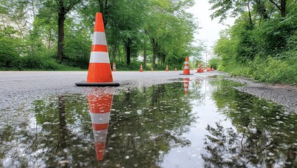 Wet asphalt road with traffic cones reflecting in a puddle, lined with lush green trees