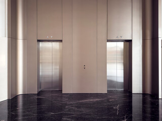 Elegant Symmetry: Modern Elevator Lobby Design With Sleek Metallic Finishes