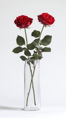 Two red roses in a clear glass vase against a white background