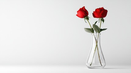 Two red roses in a clear glass vase against a minimalist white background