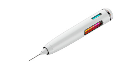 A sleek pen-like food scanner for analyzing ingredients at a molecular level, with pulsing lights and a retractable tip — tailored for ultra-modern kitchens.