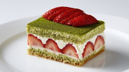 Matcha Strawberry Cake Slice with Cream Layers and Fresh Topping