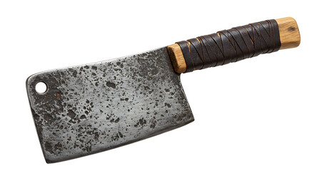 An old-world meat cleaver with a heavy forged iron blade, cloth-wrapped wooden handle, and visible wear marks — pure, primal kitchen energy.