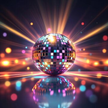 Mirrored disco ball reflecting light in a vibrant scene. Retro party dance theme with bright colorful reflections and bokeh. Celebration background for nightlife.