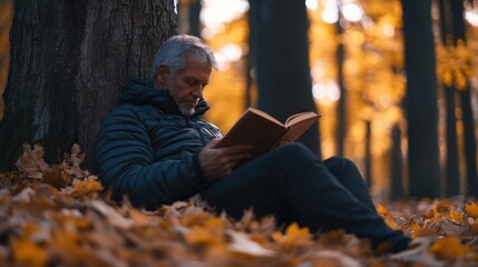 Man Enjoys Peaceful Reading Amidst Golden Autumn Forest Scenery