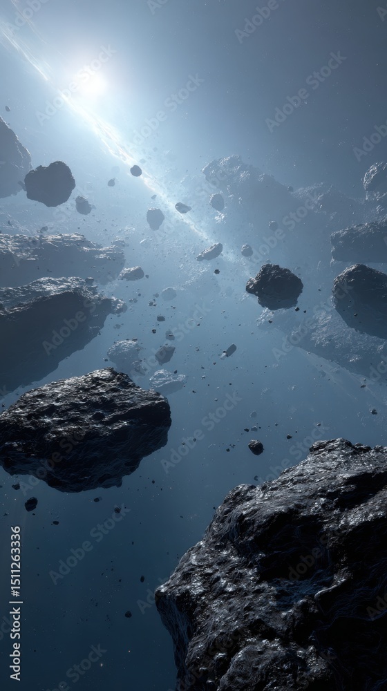 Wall mural asteroids floating in space with sunlight illumination