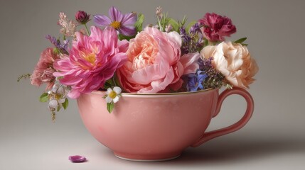 A pink teacup filled with a vibrant bouquet of assorted flowers, including roses and dahlias, set against a neutral background.