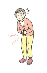 腹痛でお腹を押さえて苦しむ高齢女性のイラスト