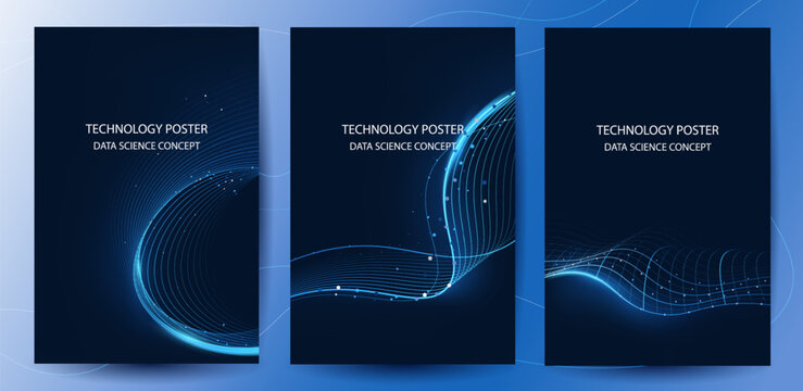 Technology Banner Poster set. Futuristic digital data wave glowing lines. Data science concept tech banner, corporate business presentation or booklet technology