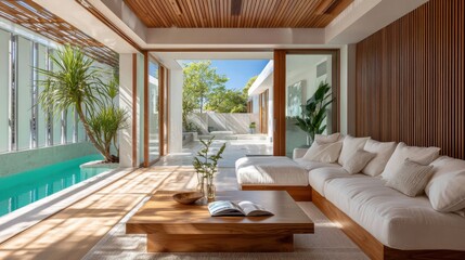 Fototapeta premium Modern living room with wooden accents, large windows, and an indoor pool