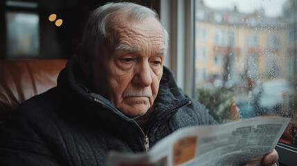 Elderly Man Reading Newspaper While Sitting by a Rainy Window