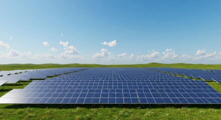 Solar panel farm renewable energy green field blue sky view