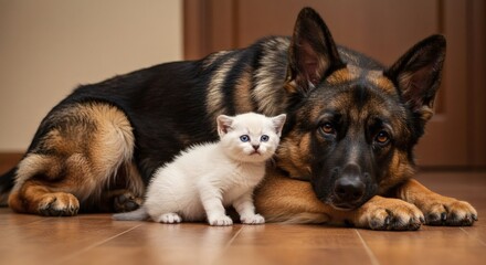 German shepherd dog and white kitten friendship cute animals