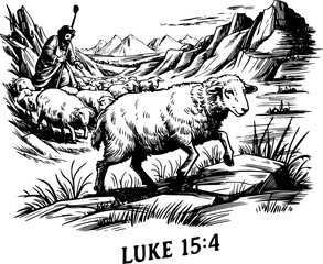 Sheep Stepping Over Thorns Guided by Shepherd – Luke 15:4 Bible Verse Illustration – Pen and Ink Detailed Drawing of Lost Sheep Returning to Flock – Monochrome Charcoal Style on Warm Ivory Background