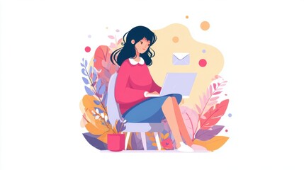 Obraz premium Illustration of a woman working on a laptop surrounded by colorful leaves and abstract shapes