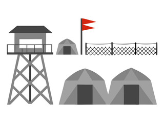 military camp with guard tower, fences, and tents, stylized clean vector on white
