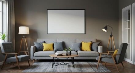Realistic Living Room Interior Design with Gray Sofa and Yellow Accents