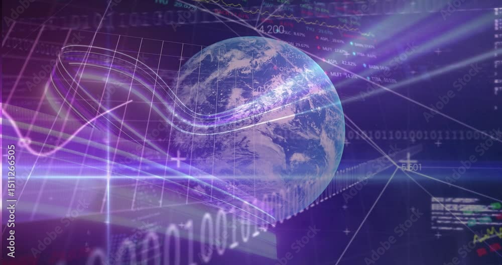 Poster ribbon initiating scanning beam over earth while code and charts forming for visualizing data flow