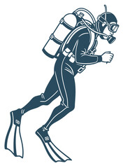 underwater combat diver in wet suit with oxygen tank and flippers, side profile vector on white
