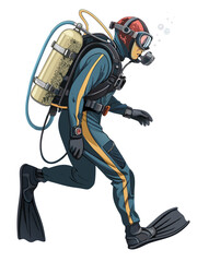 Fototapeta premium underwater combat diver in wet suit with oxygen tank and flippers, side profile vector on white 