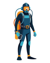 underwater combat diver in wet suit with oxygen tank and flippers, side profile vector on white
