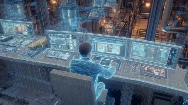Holographic industrial engineer managing power plant operations through advanced digital interfaces and technology for efficient energy production and distribution