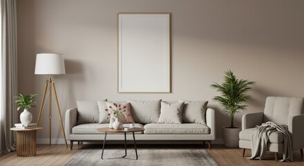 Interior Photo Living Room with Couch Plant Lamp and Empty Frame