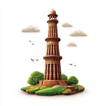 Majestic Qutub Minar, a towering symbol of architectural grandeur, stands proudly against a serene, white backdrop.