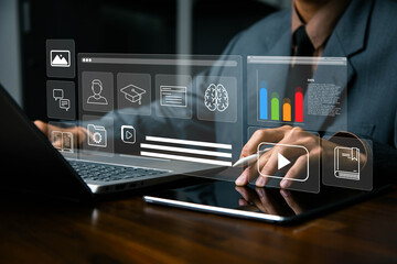 E-learning education, video tutorial, internet lessons and online course application, Businessman...
