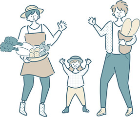 移住した家族のシンプルな線画のベクターイラスト