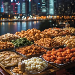 Variety of street food dishes displayed at night.