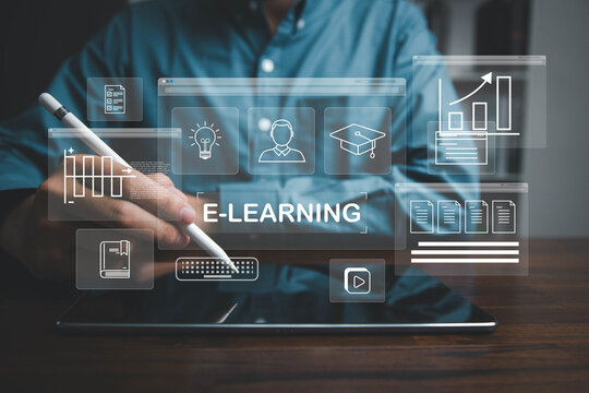 E-learning education, video tutorial, internet lessons and online course application, Businessman or learner using online lessons via laptop on digital screen.