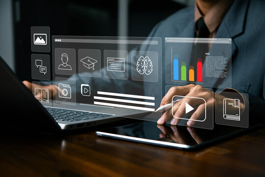 E-learning education, video tutorial, internet lessons and online course application, Businessman or learner using online lessons via laptop on digital screen.
