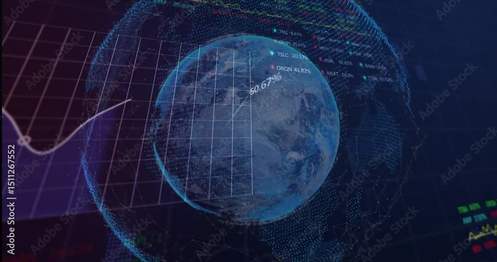 Poster on load rotating globe enveloping wireframe, emerging grid updating percentages, animating graph