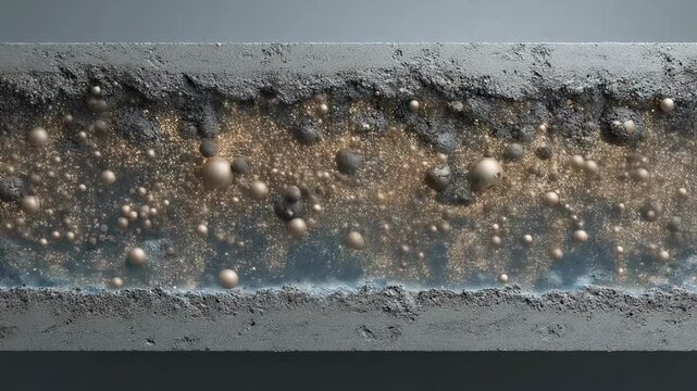 Microscopic view reveals fine granules of bacterial spores sprinkled within bioconcrete mix, contrasting against the solid gray matrix of the vat