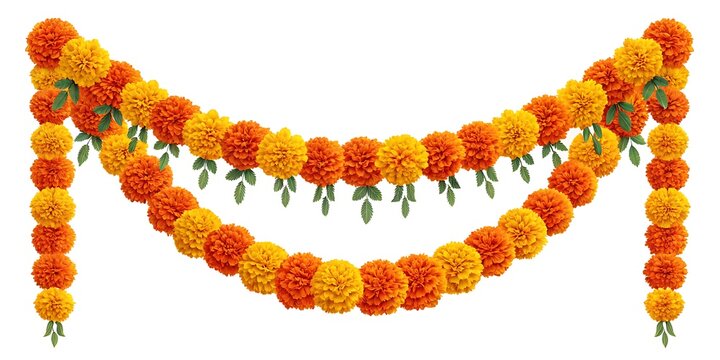Traditional marigold flower toran with green leaves on white background, used in Hindu festivals, pooja and Indian wedding decoration