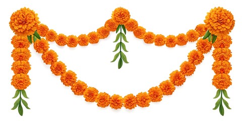 Ethnic Indian flower garland with vibrant marigolds and green foliage, used for spiritual ceremonies and home entrance decor