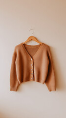 Cozy mocha cardigan hanging on wooden hanger with soft lighting