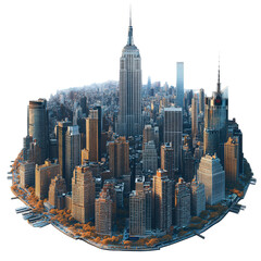 Aerial panorama of the iconic new york city skyline with prominent skyscrapers at sunset