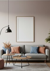 Realistic Living Room Interior with Gray Couch and Blank Frame Decor