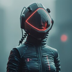 Futuristic Female Cyborg in Sleek Black Spacesuit with Neon Accents Sci Fi Portrait
