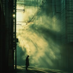 Solitary Figure in Atmospheric Urban Alleyway Sunrise Mist Moody Shadows