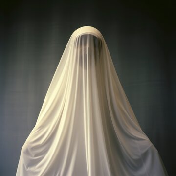 Mysterious Figure Shrouded in White Sheer Fabric Enigma Ghostly Ethereal