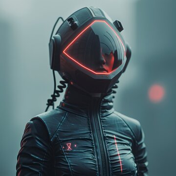 Futuristic Female Cyborg in Sleek Black Spacesuit with Neon Accents Sci Fi Portrait