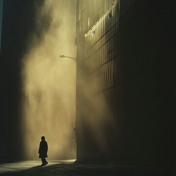 Solitary Figure Walking Through Misty Urban Alleyway Dramatic Light Shadow