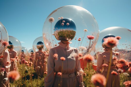 Surreal Women in Transparent Spheres amidst a Wildflower Field Futuristic Fashion Photography